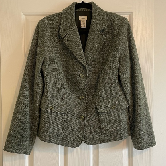 Ll Bean Wool & Silk Blend Green Herringbone Blazer - Picture 8 of 10